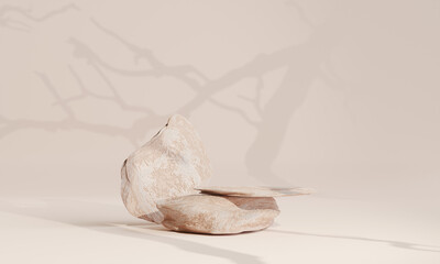Rock podium on earth tone colour background for product presentation. Natural beauty pedestal, relaxation and health, 3d illustration.