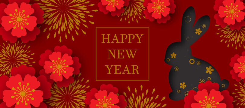 Happy New year. Chinese New year rabbit symbol. Flowers. Chinese background.  Holiday Chinese banner with horoscope sign of 2023. Red, gold design Stock  Vector | Adobe Stock