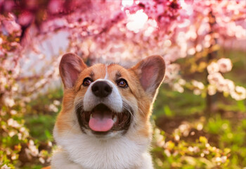 portrait of a cute smiling corgi dog in a spring blooming sunny garden