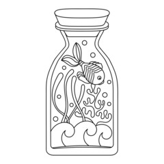 Coloring book page for children. A glass bottle with fish, waves and corals.