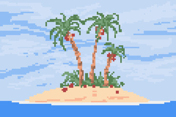 Illustration with a paradise island and palms. Postcard landscape in pixel art style game graphic