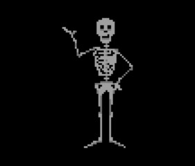 Illustration of a funny skeleton with a raised hand. Picture in pixel art graphic design