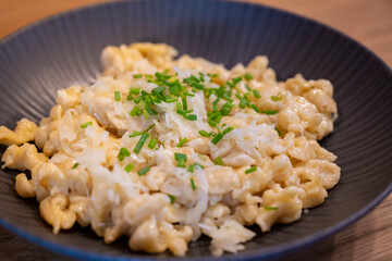 traditional tyrolean house dish cheese spaetzle served with fresh chives and finely chopped onions