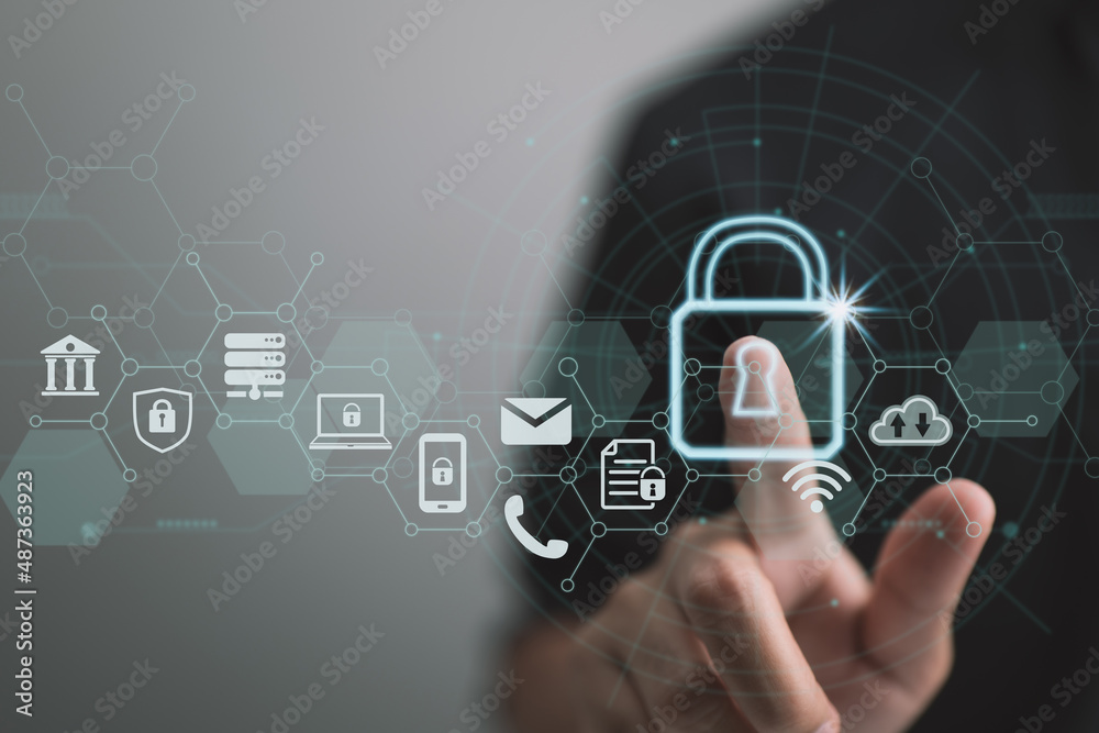 Poster Data security and privacy. A network of cybersecurity. Individuals private information is protected by this businessman. A padlock symbol and a connection to the internet.