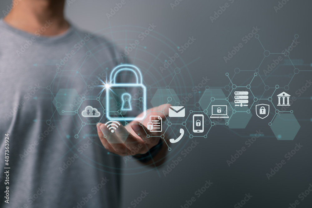 Poster Privacy concept for data protection. Network of cybersecurity. A businessman guards his client's personal information. Internet technology networking connection and padlock symbol.