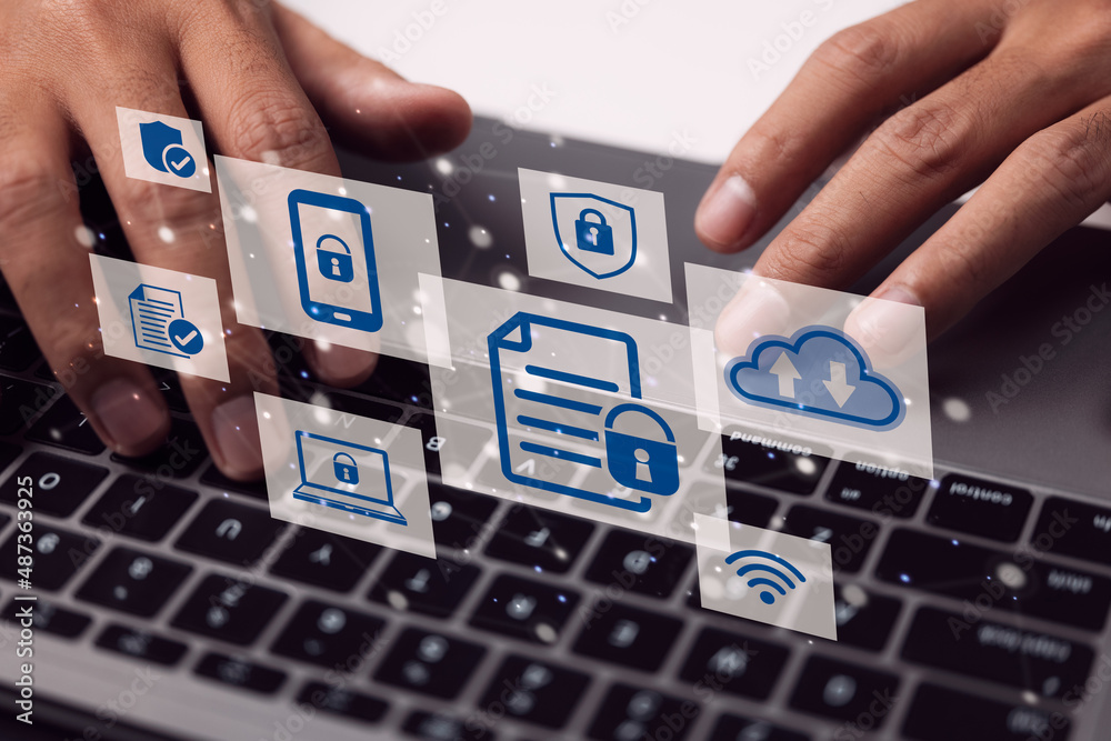 Poster Concept of data protection with a laptop computer user.