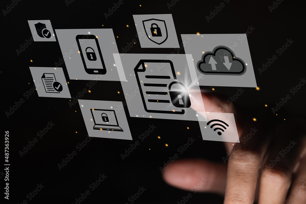 Poster data protection concept with person touch on padlock