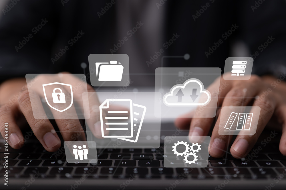 Poster Document management on a laptop. Online documentation database and digital file storage and retrieval solution for software. The management of company resources.