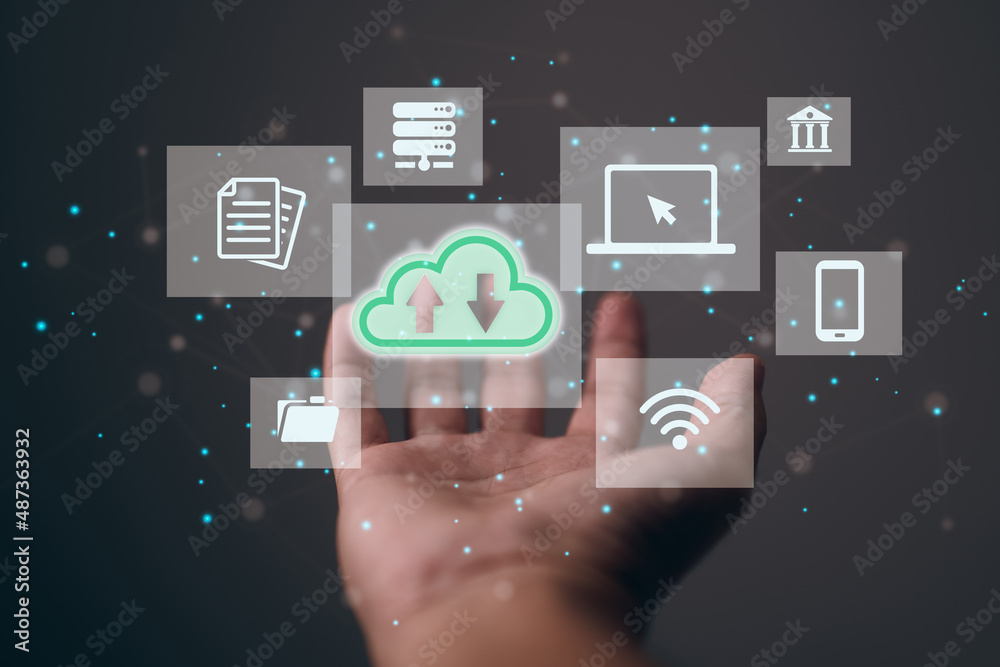 Aufkleber Database data can be moved to the Cloud with help from this technology. Integrated digital web on hand concept.