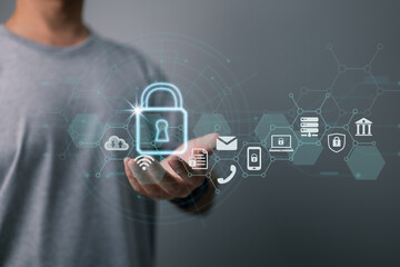 Privacy concept for data protection. Network of cybersecurity. A businessman guards his client's personal information. Internet technology networking connection and padlock symbol.