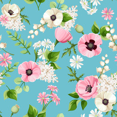 Vector seamless floral pattern with pink and white poppy, lilac, and lily-of-the-valley flowers and green leaves on a blue background - obrazy, fototapety, plakaty