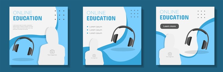 Online teaching social media post, square banner set, digital education advertisement concept, webinar headset marketing ad, modern creative flyer, isolated on background