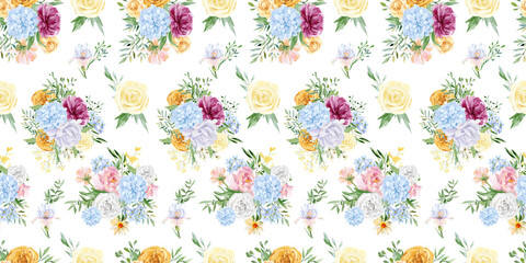 Spring summer seamless floral pattern with hand drawn violet purple blue flower rose, peony, wildflowers. Stock illustration. Natural artwork.
