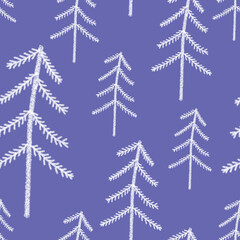Fototapeta premium Seamless pattern with simple hand drawn elements. White fir trees in the forest in doodle style on a very peri background. For textile, wallpaper and wrapping paper design.