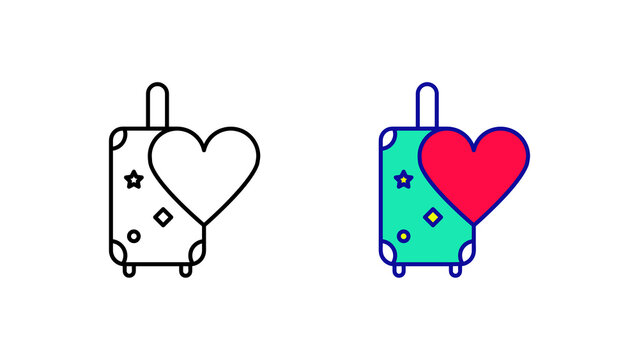 Modern heart suitcase icon set. Suitcase and honeymoon on vacation from modern wedding icons. Linear and colored icon ready template. Download the simple linear wedding suitcase. white background.