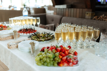 welcome buffet with alcohol and snacks