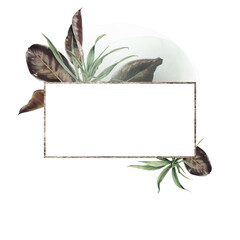 Tropical frame, exotic leaves, can be used as invitation card for wedding, birthday and other holiday and  summer background. Botanical art