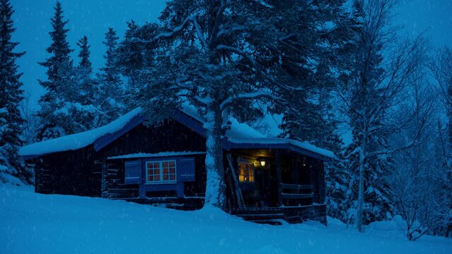 A mountain cabin northern in Sweden in snowy conditions.
