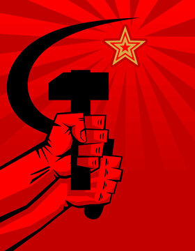 Red propaganda poster retro style. Sickle and hammer in hands, soviet star. Vector