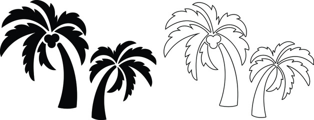 Fototapeta na wymiar Two palm tree silhouette and outline vector