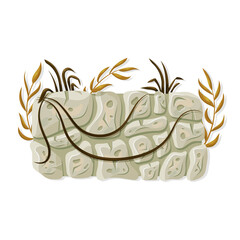 Stone board with liana branches and tropical leaves.