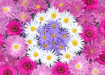 Chrysanthemum. Autumn flowers. Beautiful Autumn pink, purple, violet, white chrysanthemum . Postcard, greetings. Banner Spring flowers of different colors .Top view. Colorful flowers background. 