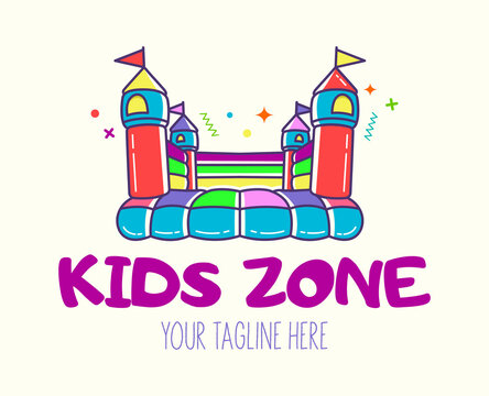 Bouncy castle cartoon logo. Kids zone concept. Children Playground sign.