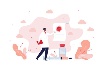 Healthcare, vaccination and illness prevention concept. Vector flat people illustration. African male doctor with vaccine in syringe and bottle. Virus disease on document symbol.