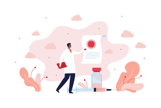 Healthcare, vaccination and illness prevention concept. Vector flat people illustration. African male doctor with vaccine in syringe and bottle. Virus disease on document symbol.