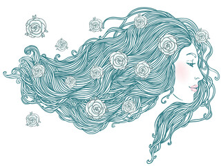 Beauty Salon: Portrait of pretty young woman in profile view with long beautiful hair. Vector illustration