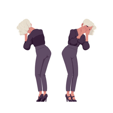 Beautiful Sad Crying Blonde Woman, White Dyed Hair, Business Outfit. Office Attire Lady, Professional Chic Work Outfits. Vector Flat Style Cartoon Illustration Isolated On Background, Front, Rear