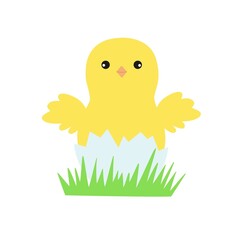 Little cute Easter chicken in broken egg shell, funny yellow flat style cartoon character vector illustration, symbol of festive springtime period clipart for cards, poster, banner, Easter decor