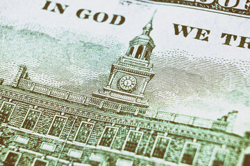100 Dolars USA close up, back side. Hundred dollars bill fragment Independence Hall on macro. 100.