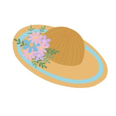 Fashionable women's hat decorated with flowers vector illustration, elegant summer accessory