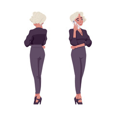 Beautiful blonde woman with talking by phone, business outfit. Office attire lady, professional chic work outfits. Vector flat style cartoon illustration isolated on background, front and rear view