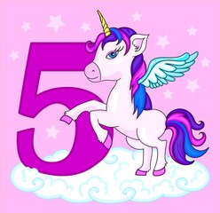 Unicorn on starry background.Magical unicorn. Vector design on pink background. Print for t-shirt. Romantic hand drawing illustration for children.Cute little unicorn with number five for birthday