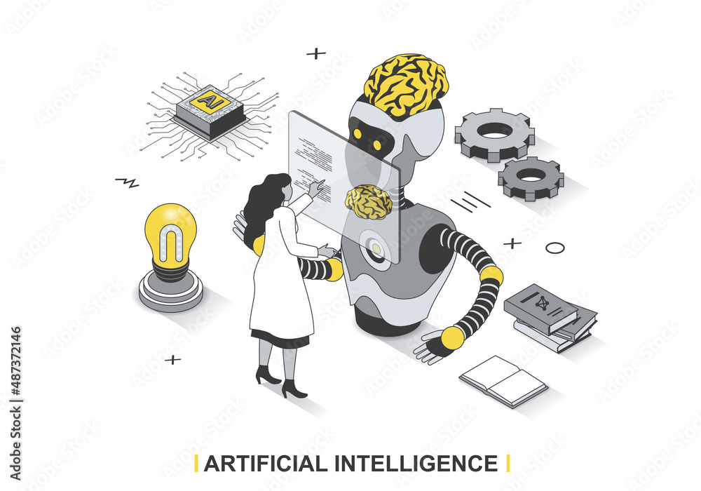 Poster artificial intelligence concept in 3d isometric outline design. scientist engineer working with ai a
