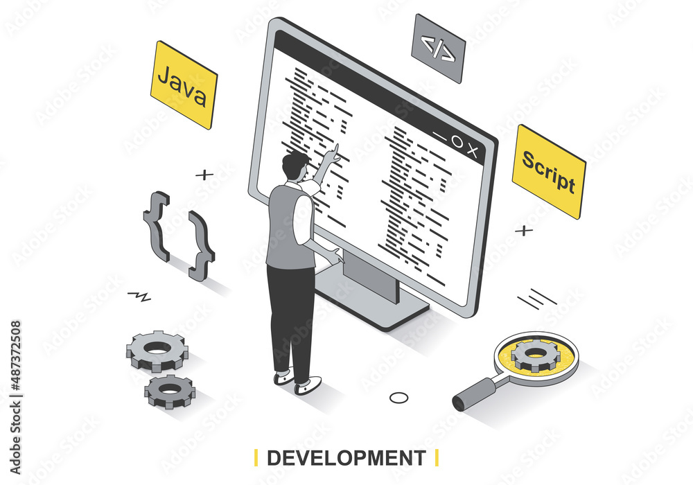 Aufkleber Development concept in 3d isometric outline design. Developer programs and writes code in Java, creates spripts, engineering and optimizes, line web template. Vector illustration with people scene