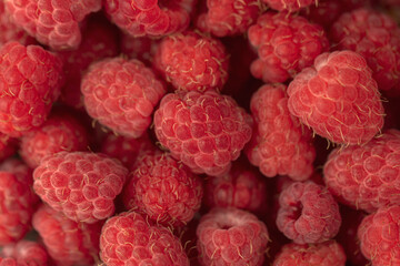 Ripe red raspberries on a plate.