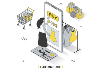 E-commerce concept in 3d isometric outline design. Woman buys clothes in mobile app, pays for purchases with credit card, online shopping, line web template. Vector illustration with people scene