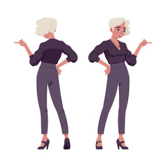 Beautiful talking pose blonde woman, white dyed hair, business outfit. Office attire lady, professional chic work outfits. Vector flat style cartoon illustration isolated on background, front, rear - obrazy, fototapety, plakaty