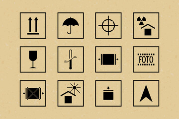 Packaging symbols. Set of shipping icon. Signs such as this side up, handle with care, fragile, keep dry, other symbols. Vector