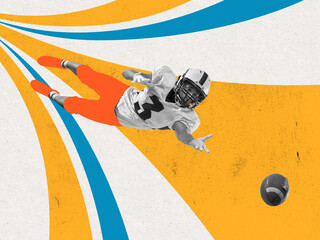 Contemporary art collage. Professional american football player on neon abstract background. Sport, achievements, media, betting, news, ad and digitalization