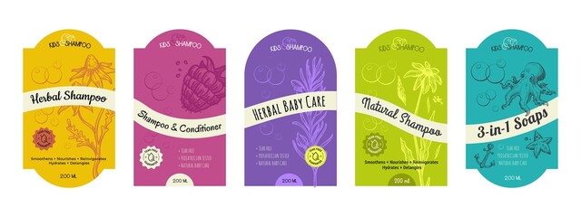 Child shampoo label, baby care cosmetic package set