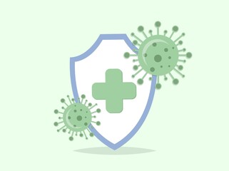 Vector Immunity Symbol with Virus Attack. Covid-19 concept. Flat illustration on Isolated white background. Medical staff stand with disposable syringe, web banner, poster.