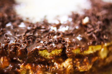 Sweet chocolate homemade cake close up. 