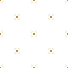 Seamless pattern with golden shining stars or sparkles on white background. Vector illustration.