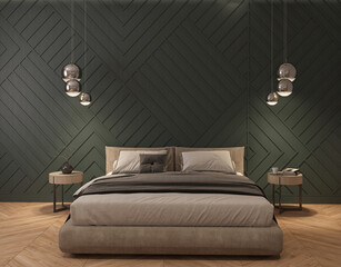 Modern bedroom interior with dark green walls, wooden floor, master bed with two round bedside tables with lamps. 3d rendering