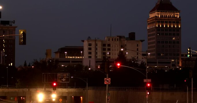 Twilight view of the historic downtown district of Fresno, California, USA.