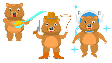Set Abstract Collection Flat Cartoon Different Animal Wombat Eating With A Big Spoon, Cowboy With Revolver Lasso Boots And Hat, Astronaut In Helmet Vector Design Style Elements Fauna Wildlife